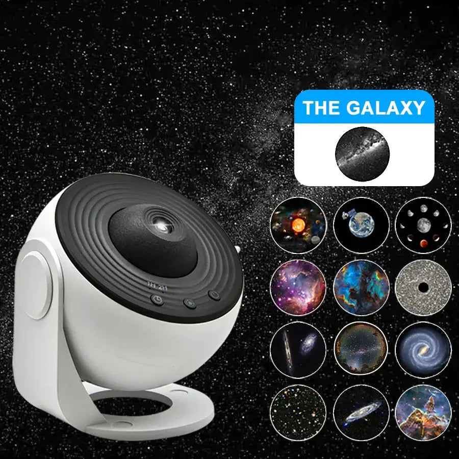 White and black circular galaxy star projector night light with sleek rounded design for bedroom decorbites galaxy star use