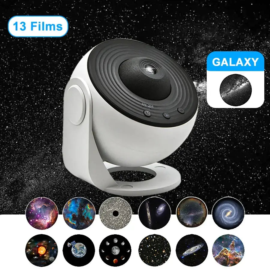 White and black decorbites galaxy star projector with sleek rounded design and concentric circular top for night light use