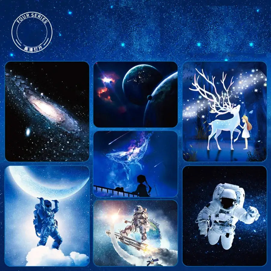 White circular galaxy star projector night light with blue cosmic led panels featuring astronaut deer decorbites galaxy star