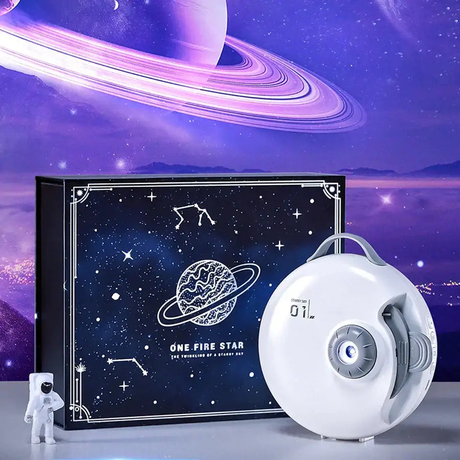 White circular galaxy star projector night light with gray accents and blue-lit lens for bedroom decor by decorbites galaxy star