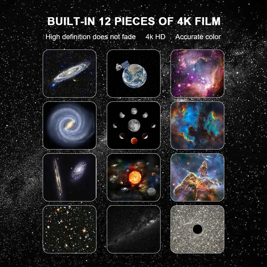 A set of twelve 4k hd film pieces featuring vibrant cosmic imagery for white circular galaxy star projector night light decorbites galaxy star decor