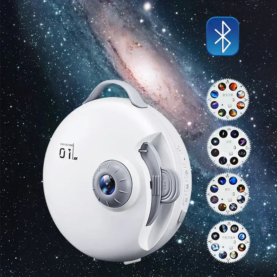 White circular bluetooth starry night light projector with gray handle and interchangeable star-themed projection discs for bedroom decor