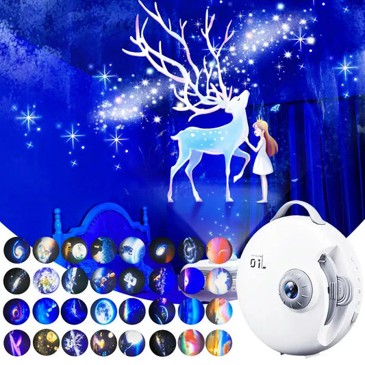 White circular starry night light projector with handle displaying glowing blue deer for bedroom decor night light