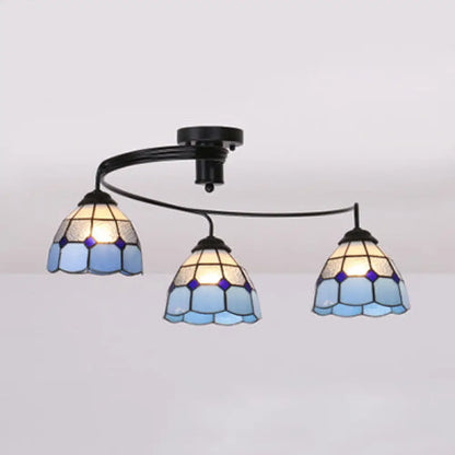 White/Clear/Blue Tiffany Style Stained Glass Semi Flush Ceiling Light with 3 Lights