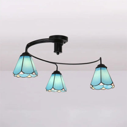 White/Clear/Blue Tiffany Style Stained Glass Semi Flush Ceiling Light with 3 Lights