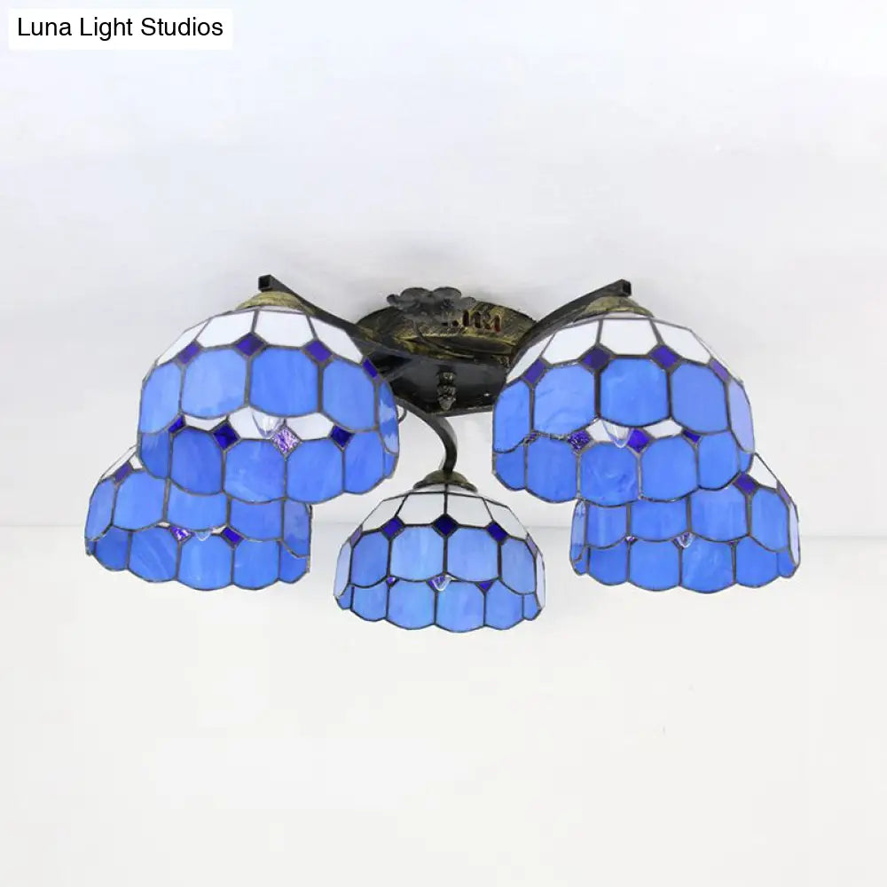 DecorBites™ DecorBites™ White/Clear Stained Glass Dome Semi Flushmount: 5-Light Mediterranean Semi Flush Light for Bedroom