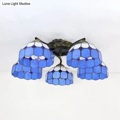 DecorBites™ DecorBites™ White/Clear Stained Glass Dome Semi Flushmount: 5-Light Mediterranean Semi Flush Light for Bedroom