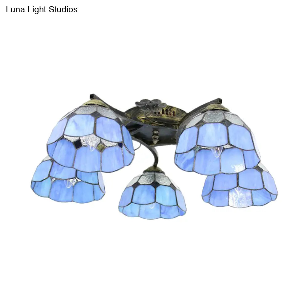 DecorBites™ DecorBites™ White/Clear Stained Glass Dome Semi Flushmount: 5-Light Mediterranean Semi Flush Light for Bedroom