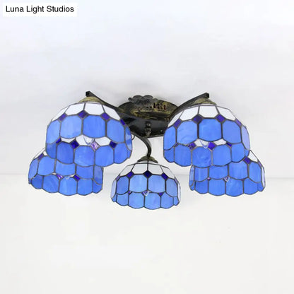 DecorBites™ DecorBites™ White/Clear Stained Glass Dome Semi Flushmount: 5-Light Mediterranean Semi Flush Light for Bedroom