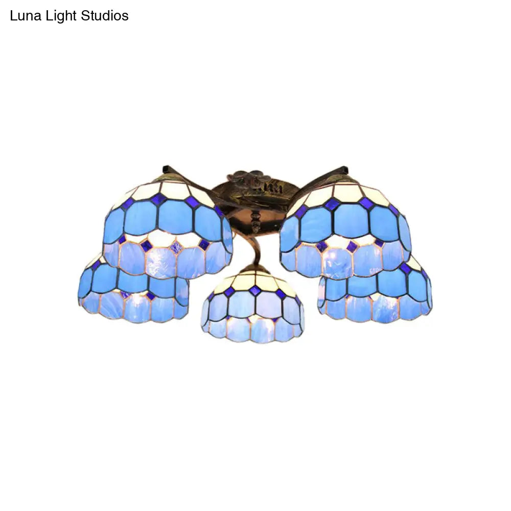DecorBites™ DecorBites™ White/Clear Stained Glass Dome Semi Flushmount: 5-Light Mediterranean Semi Flush Light for Bedroom