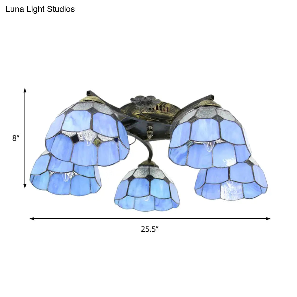 DecorBites™ DecorBites™ White/Clear Stained Glass Dome Semi Flushmount: 5-Light Mediterranean Semi Flush Light for Bedroom