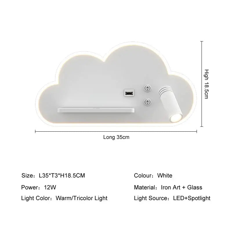 White cloud led bed lamp with wireless phone charging featuring sleek iron and glass design and integrated usb port spotlight
