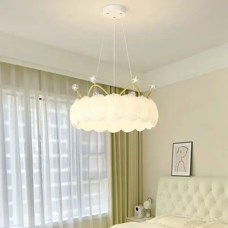 White cloud led crown small chandelier with gold-toned crown accents and crystal embellishments for bedroom lighting