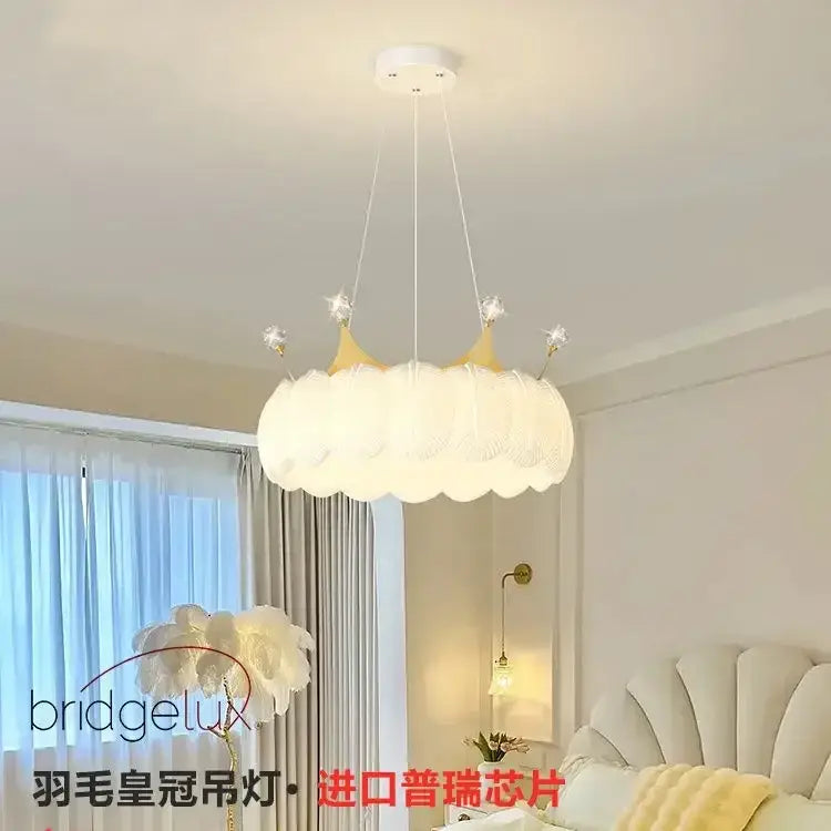 White cloud led crown small chandelier featuring a delicate white and gold crown-shaped fabric pendant light for bedrooms