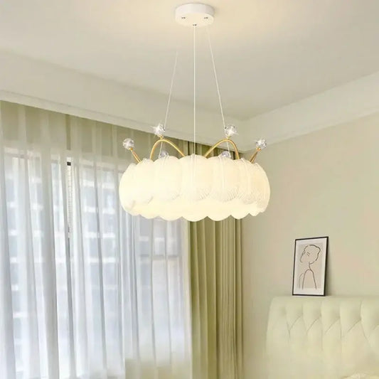 Delicate white cloud led crown small chandelier with gold accents and crystal embellishments for bedroom lighting