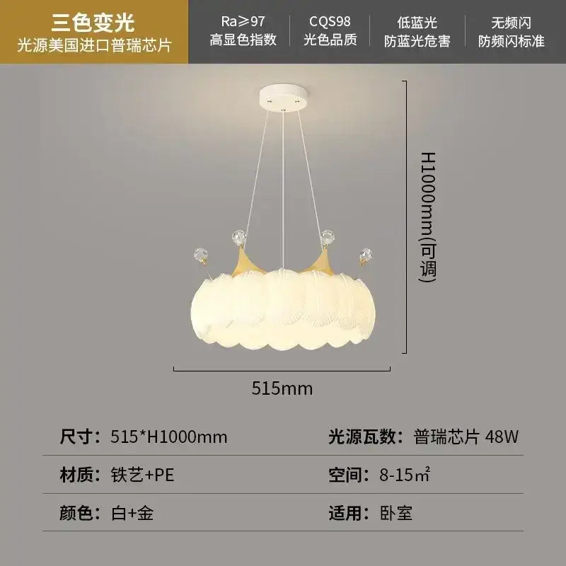 White and gold led crown small chandelier with iron art and pe material soft cloud diffuser for bedroom lighting