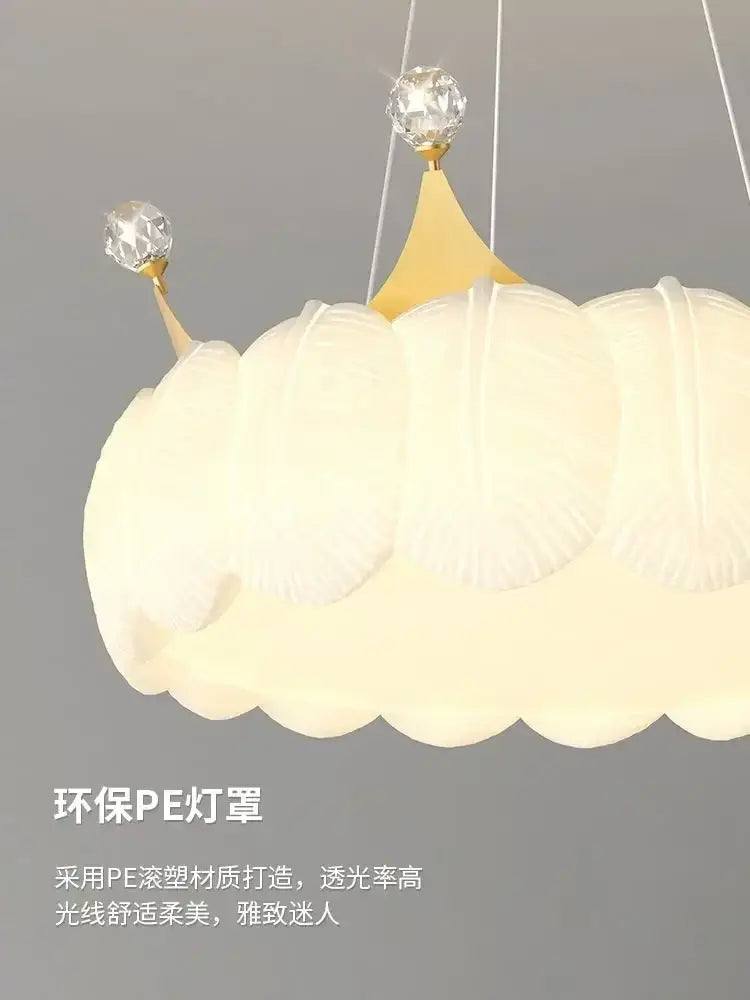 White cloud led crown small chandelier in off-white with gold crown accents and crystal embellishments for bedroom lighting