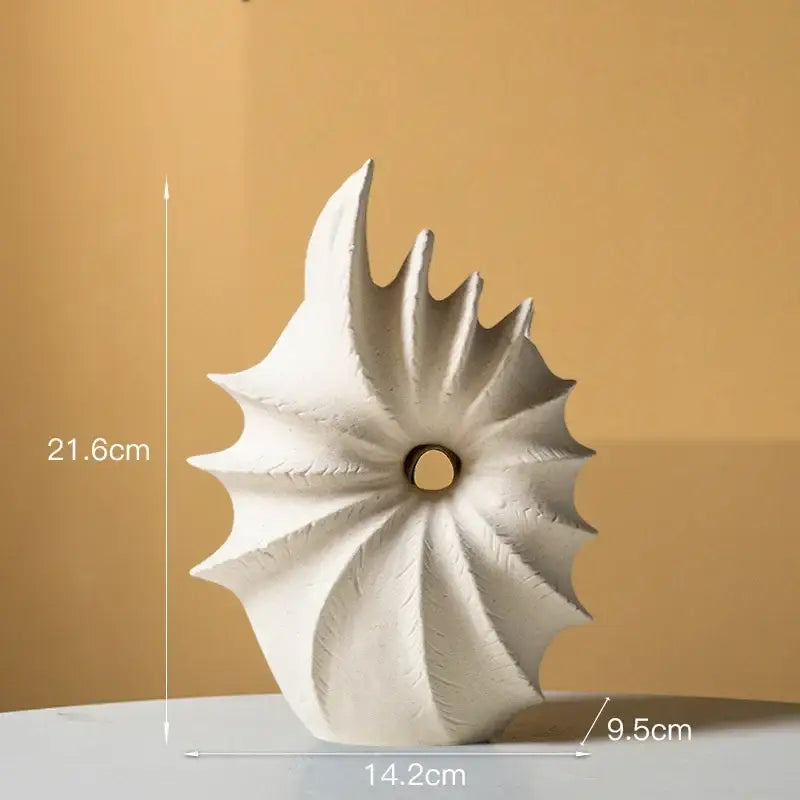 White conch shape ceramic vase with spiral petal design and central hole for living room artificial flower arrangements