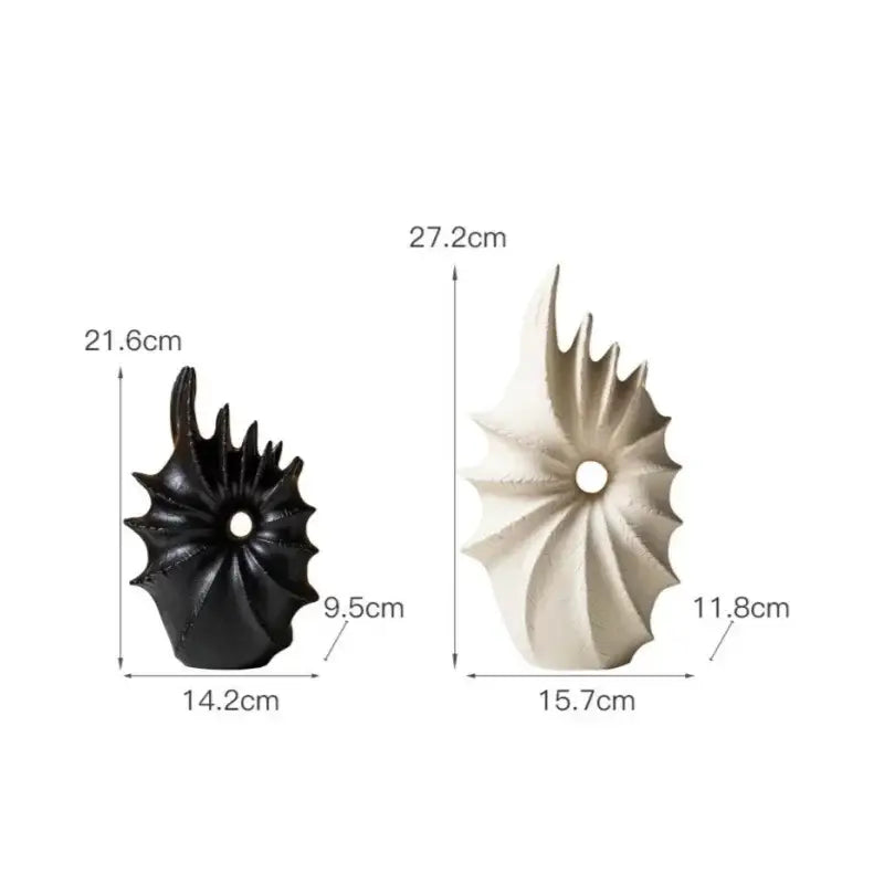 Black and off-white glossy ceramic vase in conch shape ideal for artificial flower arrangements in living room