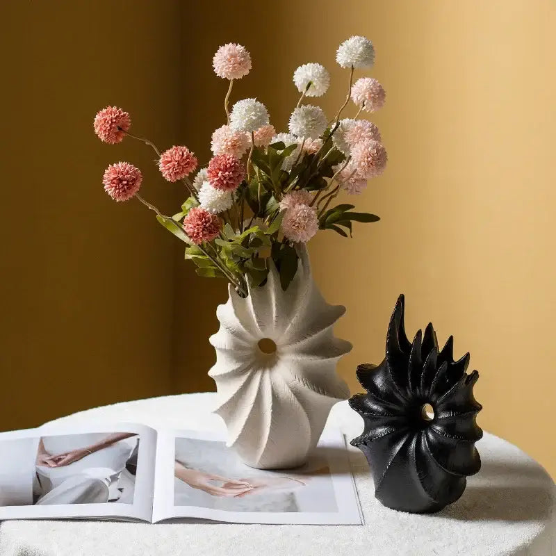 White conch shape ceramic vase with spiral petal design and gold accent for living room artificial flower arrangements