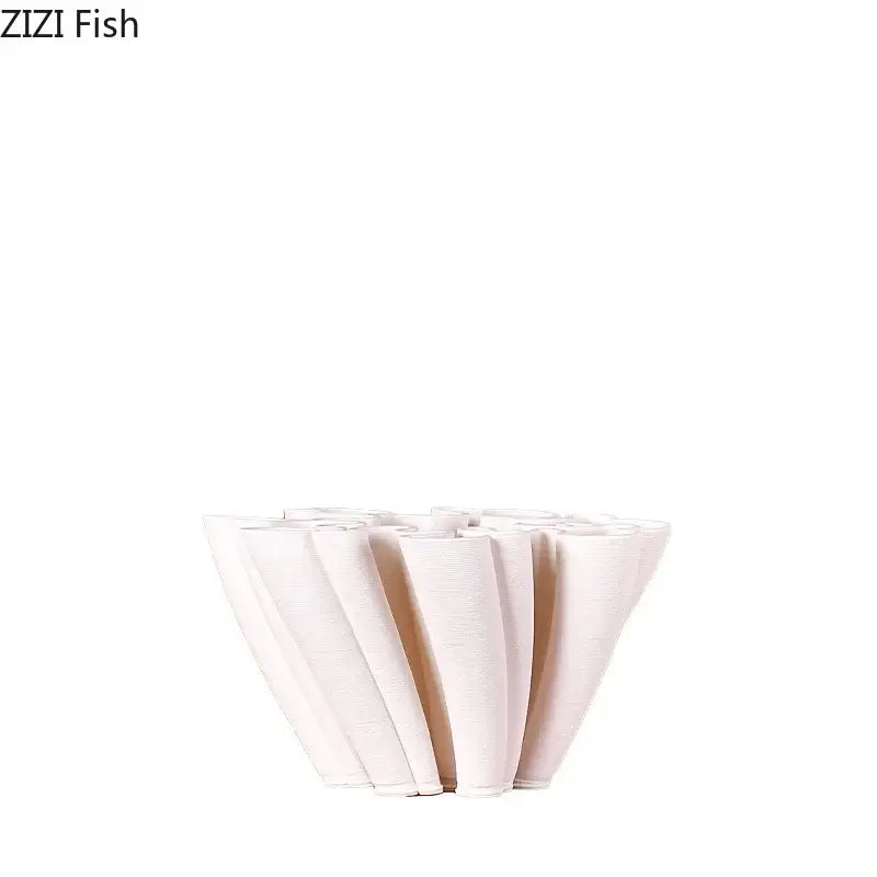 White ceramic vase plant with a fluted petal-like design for living room floral decor and vase plant pots
