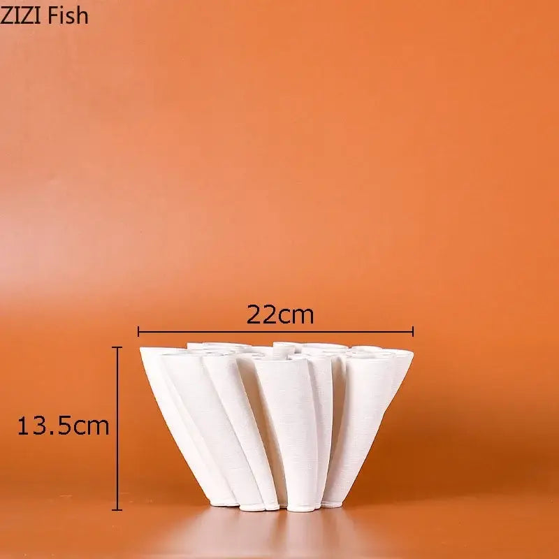 White coral ceramic vase plant with fluted petal-like ridges ideal for living room floral decor and vase plant pots