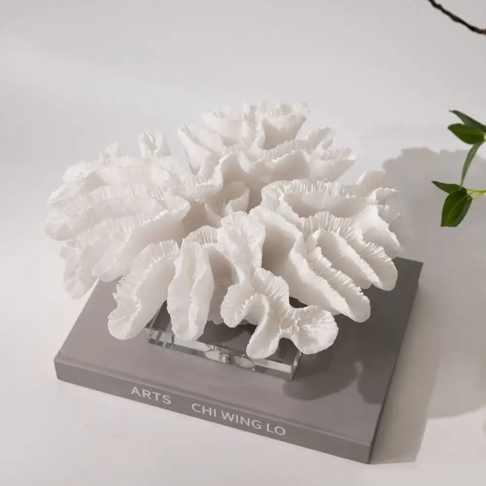 White coral tree resin handicrafts with intricate ruffled textures and glossy finish on crystal base for decorbites coral tree decor