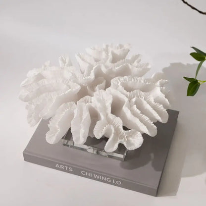 White coral tree resin handicrafts with intricate ruffled textures and glossy finish on crystal base for decorbites coral tree decor
