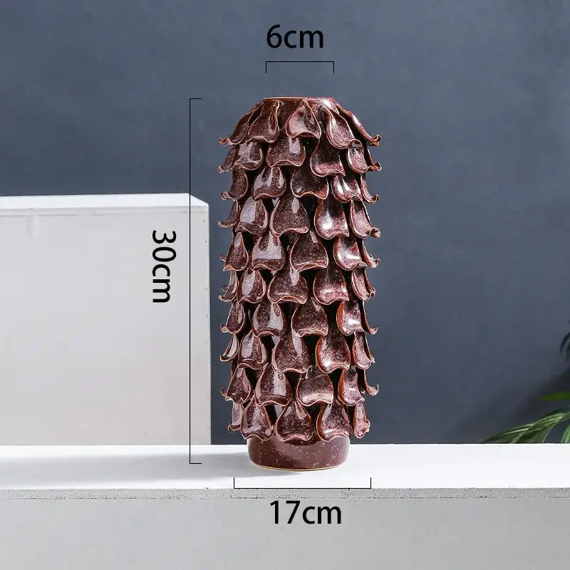 A tall 30cm ceramic vase with textured burgundy glaze and layered design in coral tree resin handicrafts decorbites decor