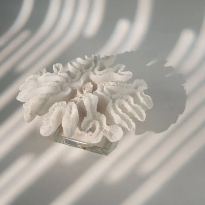 A delicate white coral tree resin sculpture with intricately detailed ruffled edges on a clear crystal base decorbites coral tree