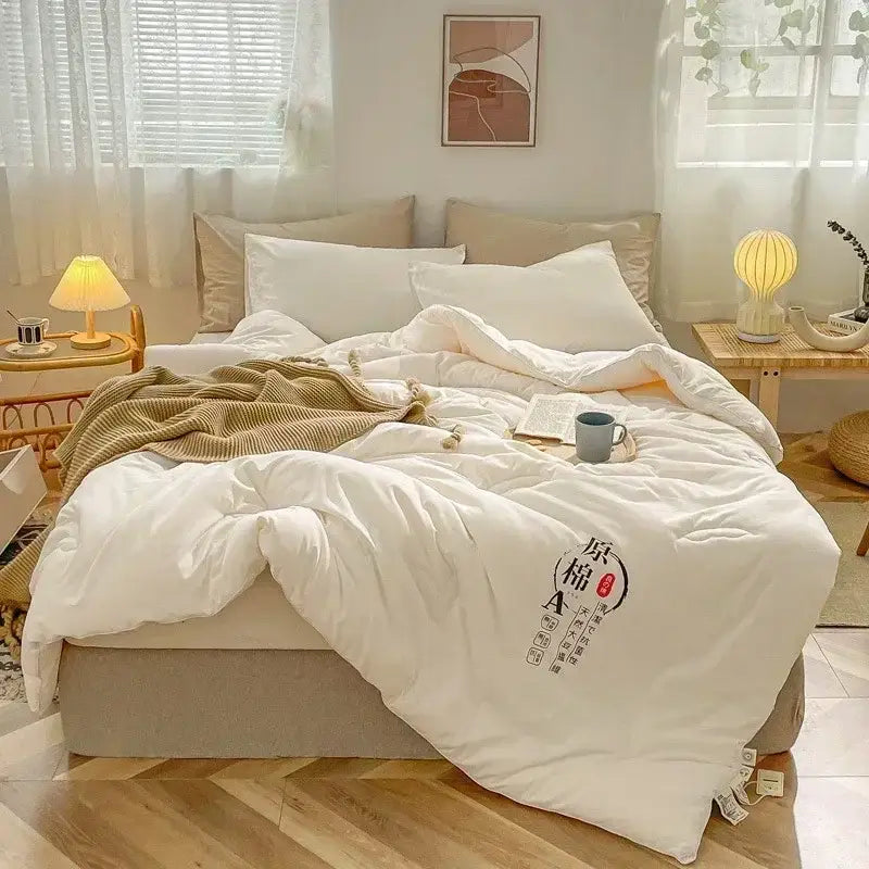 White cotton soya fibre filling embroidered duvet with chinese characters and red seal for bedroom comforter decorbites cotton soya