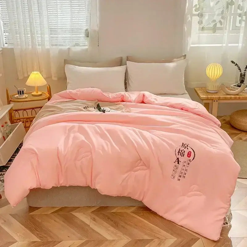 Soft pink quilted cotton soya fibre filling comforter with embroidered chinese characters for bedroom decorbites cotton soya