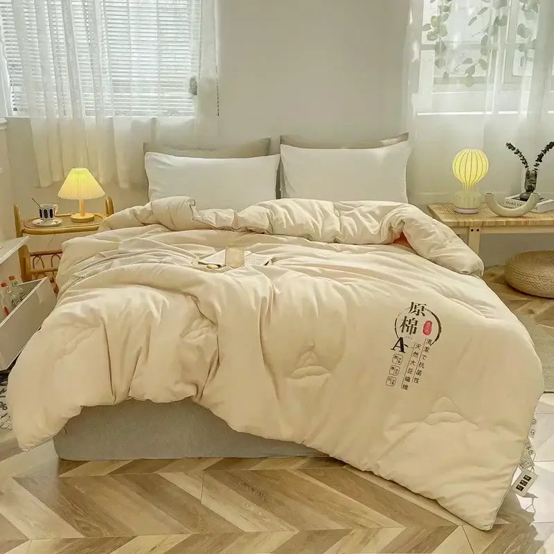 Cream-colored cotton duvet with embroidered chinese characters and circular logo featuring cotton soya fibre filling