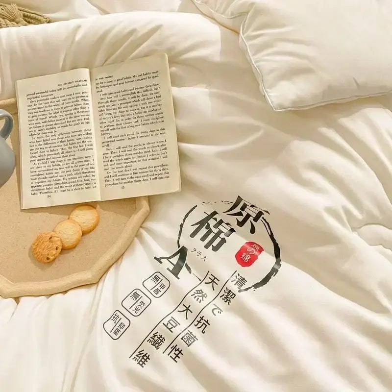 White cotton soya fibre filling embroidered duvet cover with black and red japanese-inspired text design for bedroom comfort