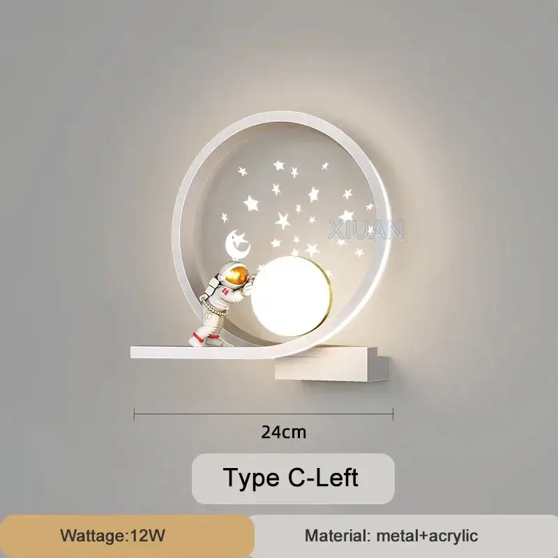 White crescent astronaut wall lamp with miniature astronaut holding glowing orb and star moon cutouts acrylic panel decorbites astronaut wall lamp