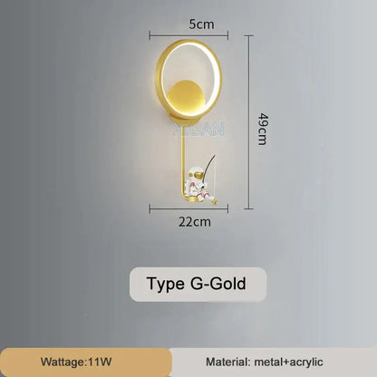 Gold-finished modern wall lamp with circular light and astronaut charm for white crescent astronaut wall lamp decorbites astronaut wall