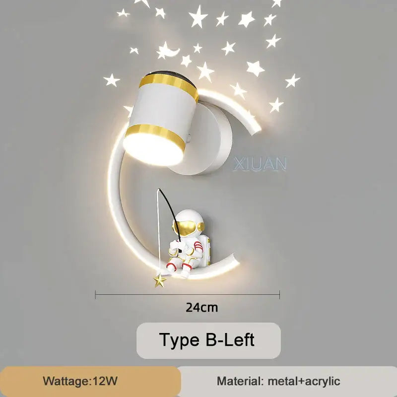 White crescent astronaut wall lamp in gold and white features a miniature astronaut fishing under curved light for bedroom decorbites decor