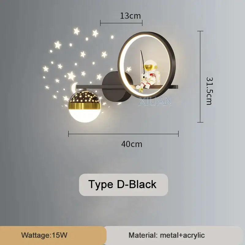 White crescent astronaut wall lamp with circular mirror spherical lampshade and star shaped led light decorbites astronaut wall