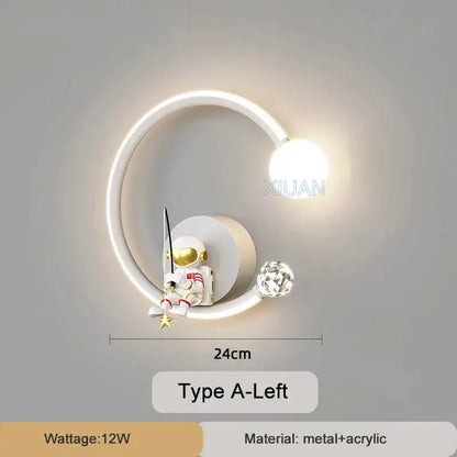 White crescent astronaut wall lamp with glowing led ring and crystal accent for bedroom starlight decor by Decorbites