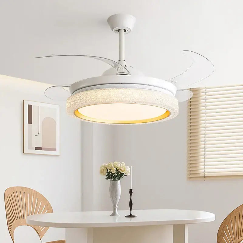 White ceiling fan with integrated light and frosted glass shade in decorbites invisible chandelier led for living room decor