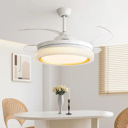 White ceiling fan with integrated light and frosted glass shade in decorbites invisible chandelier led for living room decor