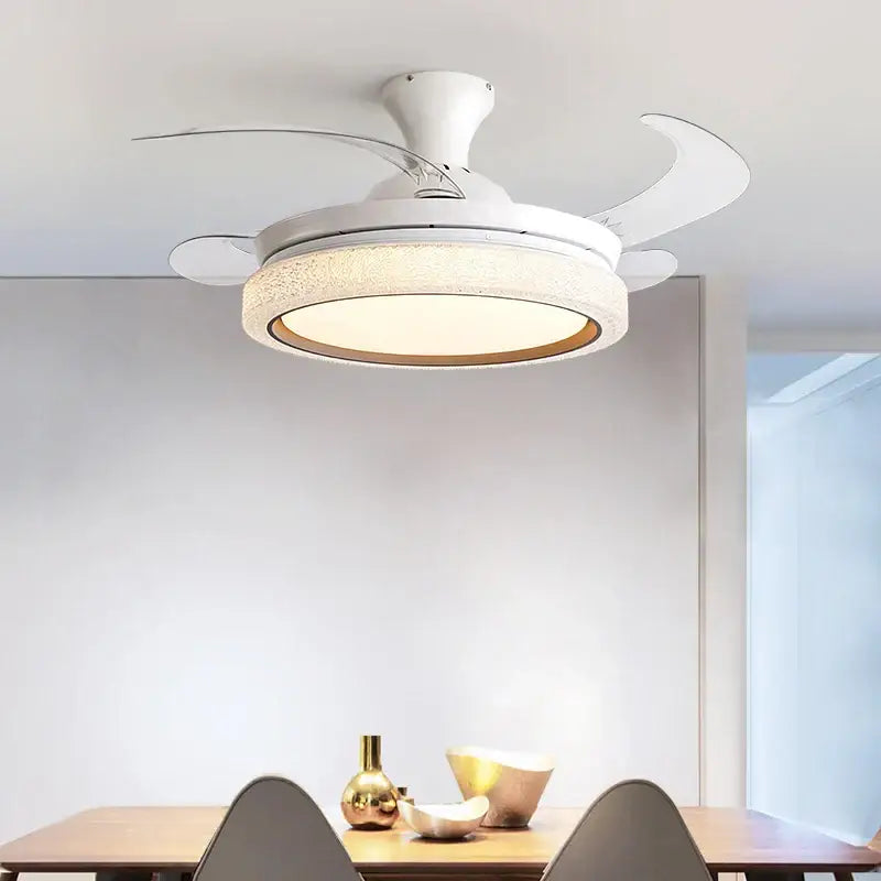 White crystal decorbites invisible chandelier led ceiling fan with sleek curved blades and textured lamp housing