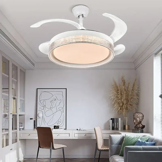 White ceiling fan with integrated light and decorative crystal trim for decorbites invisible chandelier led living room use