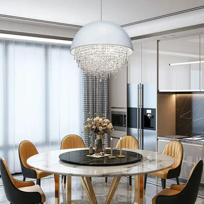 White crystal tassel iron chandelier with a sleek white dome and cascading crystals for luxury living room decorbites decor