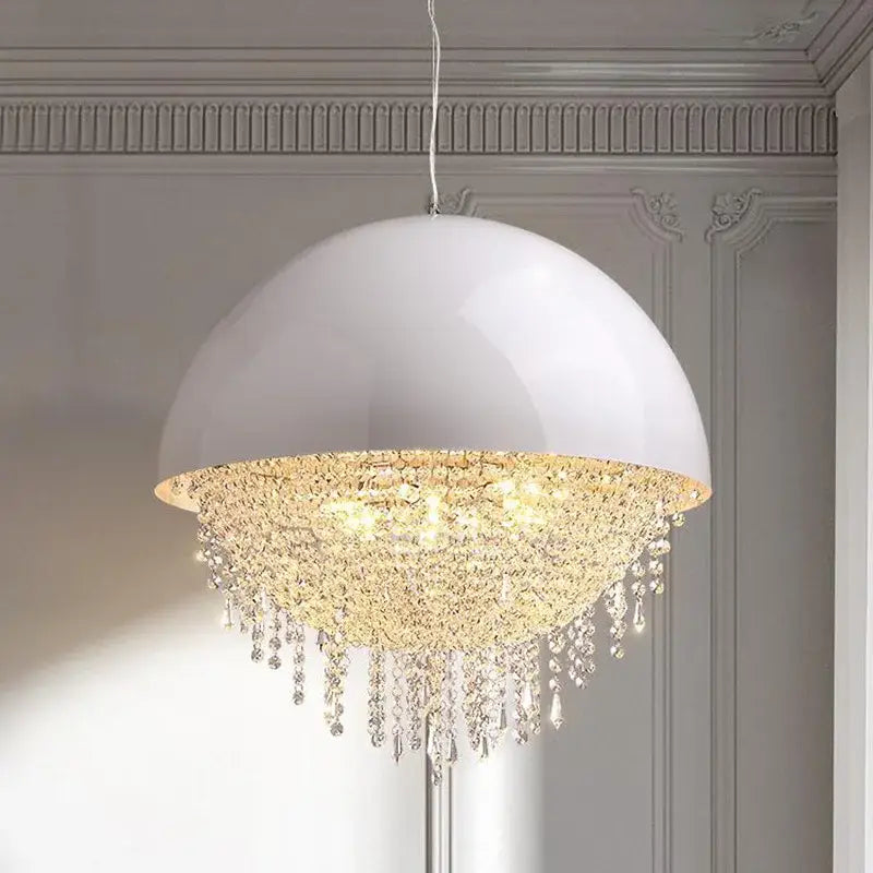 White crystal tassel iron chandelier with dome shape crystal-encrusted lower half and teardrop crystals for luxury decorbites lighting