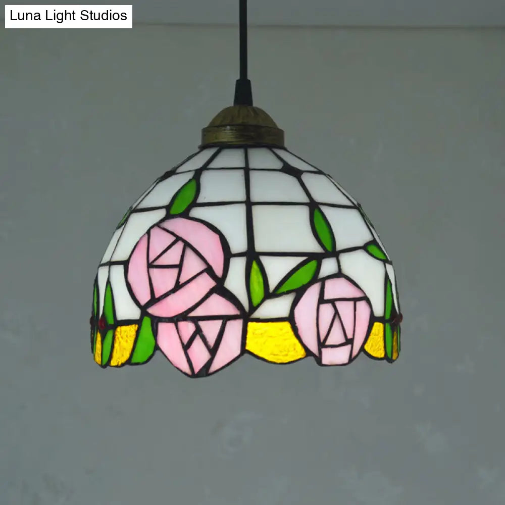 White Cut Glass Ceiling Hang Fixture - Domed Mediterranean Suspension Lighting with Rose Pattern and 1 Light