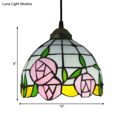 White Cut Glass Ceiling Hang Fixture - Domed Mediterranean Suspension Lighting with Rose Pattern and 1 Light