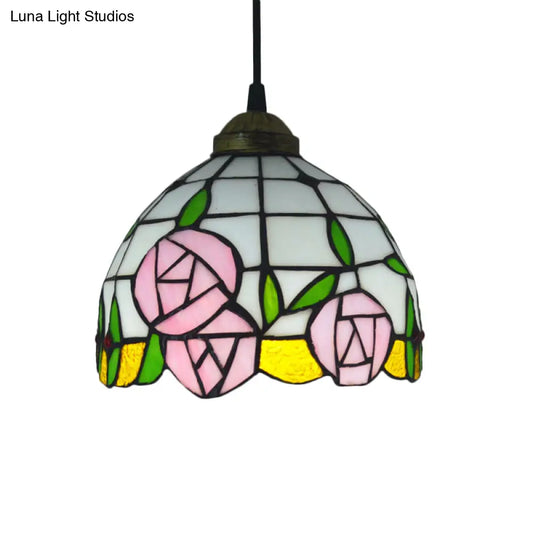 White Cut Glass Ceiling Hang Fixture - Domed Mediterranean Suspension Lighting with Rose Pattern and 1 Light