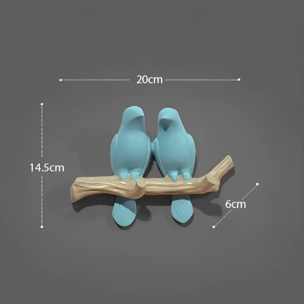 Light blue ceramic decorbites bird resin figurine pair perched on tan wood branch for bird resin hanger hook