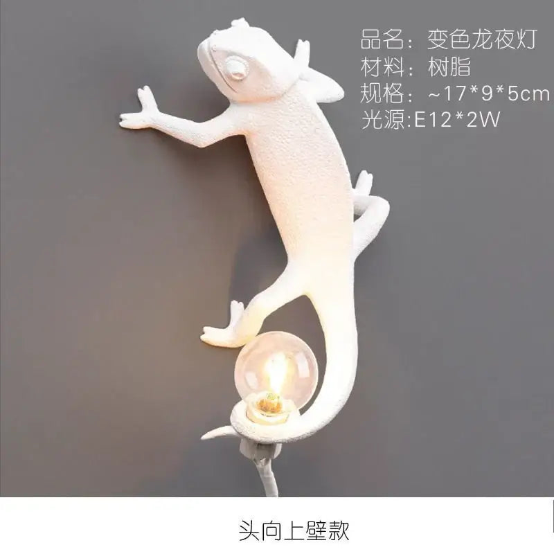 White decorbites chameleon figure resin wall lamp with sleek lifelike design and exposed bulb tail for bedroom night light